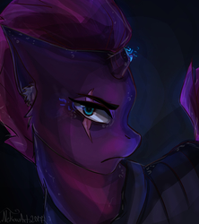 Size: 4961x5594 | Tagged: dead source, safe, artist:nekoruart, tempest shadow, pony, unicorn, g4, my little pony: the movie, absurd resolution, armor, black background, broken horn, eye scar, female, frown, horn, looking at you, magic, scar, simple background, solo, sparking horn