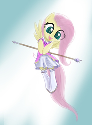 Size: 923x1245 | Tagged: safe, artist:heartlyrosalie, fluttershy, pegasus, pony, g4, cleric, clothes, cute, dress, eye clipping through hair, female, gradient background, hoof hold, looking at you, looking down, open mouth, shyabetes, smiling, solo, spread wings, staff, stockings, thigh highs, wings