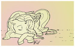 Size: 900x572 | Tagged: safe, artist:animatorwil, fluttershy, pegasus, pony, g4, atg 2017, eyes closed, female, floppy ears, folded wings, gradient background, ink, lineart, mixed media, newbie artist training grounds, prone, sleeping, solo, stray strand