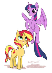 Size: 1004x1411 | Tagged: safe, artist:extraluna, sunset shimmer, twilight sparkle, alicorn, pony, unicorn, g4, blushing, cute, duo, female, flying, lesbian, looking at each other, mare, meme, otp, shimmerbetes, ship:sunsetsparkle, shipping, simple background, smiling, twiabetes, twilight sparkle (alicorn), white background, wings