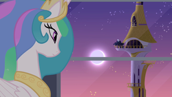 Size: 1280x720 | Tagged: safe, screencap, princess celestia, princess luna, alicorn, pony, g4, princess twilight sparkle (episode), evening, female, folded wings, frown, glowing horn, horn, jewelry, mare, moon, pensive, regalia, sky, standing, stars, tower, twilight (astronomy), window