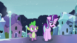 Size: 1280x720 | Tagged: safe, screencap, spike, starlight glimmer, dragon, pony, unicorn, g4, the crystalling, building, cloud, crystal empire, female, floppy ears, frown, mare, open mouth, outdoors, sad, snow, snowfall, streetlight, walking, winter
