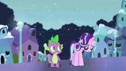 Size: 1280x720 | Tagged: safe, screencap, spike, starlight glimmer, dragon, pony, unicorn, the crystalling, building, cloud, crystal empire, female, floppy ears, frown, looking down, mare, outdoors, sad, snow, snowfall, standing, streetlight, winter