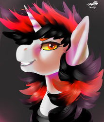 Size: 1200x1400 | Tagged: safe, artist:brainiac, oc, oc only, oc:blackjack, pony, unicorn, fallout equestria, fallout equestria: project horizons, bust, clothes, fanfic, fanfic art, female, horn, mare, portrait, signature, solo