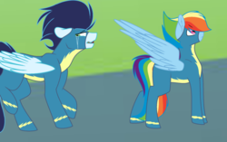 Size: 1024x644 | Tagged: safe, artist:mlp-zap-apple, rainbow dash, soarin', pegasus, pony, g4, alternate hairstyle, clothes, crying, female, male, ship:soarindash, shipping, story included, straight, uniform, wonderbolts uniform