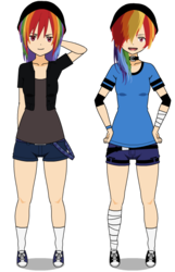 Size: 386x601 | Tagged: safe, artist:gumballblower, rainbow dash, human, g4, alternate hairstyle, arm behind head, bandage, beanie, clothes, collar, converse, female, hat, humanized, kisekae, redesign, remake, shoes, shorts, simple background, socks, solo, transparent background