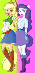 Size: 1206x2473 | Tagged: safe, artist:muchigirl, applejack, rarity, human, equestria girls, g4, clothes, cowboy hat, denim skirt, duo, female, freckles, hat, lesbian, lipstick, open mouth, open smile, ponied up, ship:rarijack, shipping, skirt, smiling, stetson