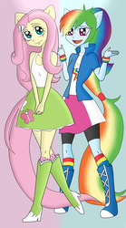 Size: 1354x2434 | Tagged: safe, artist:muchigirl, fluttershy, rainbow dash, human, equestria girls, g4, clothes, compression shorts, duo, female, lesbian, open mouth, open smile, ponied up, ship:flutterdash, shipping, skirt, smiling, wingless, wristband