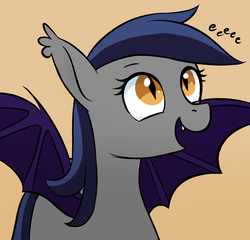 Size: 1280x1231 | Tagged: safe, artist:replacer808, oc, oc only, oc:echo, bat pony, bat pony oc, bat wings, cute, ear tufts, eeee, happy, looking up, ocbetes, open mouth, orange background, simple background, smiling, solo, spread wings, wings