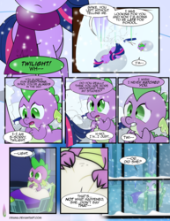 Size: 1275x1650 | Tagged: safe, artist:dsana, spike, twilight sparkle, dragon, pony, comic:the shadow shard, g4, abuse, clothes, comic, crying, illusion, nightmare, scarf, snow, spikeabuse