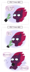Size: 1626x3834 | Tagged: safe, artist:adequality, artist:dsp2003, artist:tjpones, tempest shadow, oc, oc:anon, human, pony, unicorn, my little pony: the movie, bait and switch, blushing, broken horn, comic, cute, dialogue, disembodied hand, doing loving things, don't stop believing, female, hand, journey (band), male, mare, meme, microphone, music notes, singing, tempestbetes, tsundere