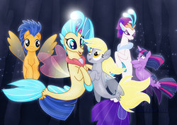 Size: 1600x1131 | Tagged: safe, artist:jucamovi1992, derpy hooves, flash sentry, princess skystar, queen novo, twilight sparkle, seapony (g4), g4, my little pony: the movie, angry, female, fin wings, fins, grin, male, nervous, nervous smile, queen novo is not amused, sea ponies, seaponified, seapony derpy, seapony flash sentry, seapony twilight, seaquestria, smiling, species swap, underwater