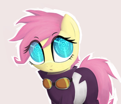Size: 1759x1522 | Tagged: safe, artist:heartlyrosalie, fluttershy, pony, g4, alternate hairstyle, clothes, female, goggles, looking at you, mare, simple background, solo, wingless
