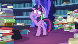 Size: 1920x1080 | Tagged: safe, screencap, twilight sparkle, alicorn, pony, g4, shadow play, book, female, floppy ears, folded wings, mare, solo, twilight sparkle (alicorn), twilight's castle, wings