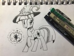 Size: 1280x960 | Tagged: safe, artist:mrfancy, twilight sparkle, g4, cute, female, halloween, hat, holiday, ink, jack-o-lantern, monochrome, pumpkin, simple background, solo, tongue out, traditional art, witch hat