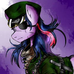 Size: 1000x1000 | Tagged: safe, artist:brother-lionheart, twilight sparkle, alicorn, pony, g4, clothes, crossover, dagger, eyepatch, female, hat, mare, metal gear, metal gear solid 5, solo, the phantom pain, twilight sparkle (alicorn), twilight venom, venom snake, weapon