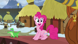 Size: 1280x720 | Tagged: safe, screencap, gummy, pinkie pie, prince rutherford, alligator, earth pony, pony, yak, not asking for trouble, duo focus, female, happy, male, mare, yakyakistan