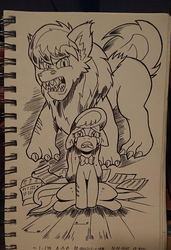 Size: 3096x4524 | Tagged: safe, artist:duragan, octavia melody, hengstwolf, pony, werewolf, g4, crying, duality, exploitable meme, horror, ink, inktober, make it happen, meme, musician, scar, tears of pain, traditional art, weretavia, wolftavia