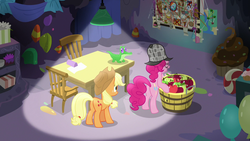 Size: 1280x720 | Tagged: safe, screencap, applejack, gummy, pinkie pie, rainbow dash, soarin', spitfire, g4, secrets and pies, apple, butt, food, party cave, plot