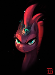 Size: 510x696 | Tagged: safe, artist:griffsnuff, tempest shadow, pony, unicorn, g4, my little pony: the movie, angry, black background, broken horn, bust, dark background, eye scar, female, frown, horn, magic, portrait, scar, simple background, solo, sparking horn
