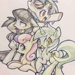 Size: 2048x2048 | Tagged: safe, artist:mosamosa_n, bon bon, dj pon-3, lyra heartstrings, octavia melody, sweetie drops, vinyl scratch, earth pony, pony, unicorn, g4, female, high res, looking at you, mare, marker drawing, pointing, simple background, sunglasses, traditional art, white background
