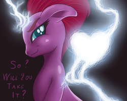 Size: 800x640 | Tagged: safe, artist:bajanic, tempest shadow, pony, unicorn, g4, my little pony: the movie, broken horn, dialogue, female, heart, horn, lightning, looking at you, mare, smiling, solo