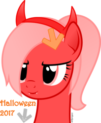 Size: 1826x2227 | Tagged: safe, artist:arifproject, oc, oc only, oc:downvote, pony, derpibooru, bust, cute, cute little fangs, derpibooru ponified, devil horns, fangs, halloween, holiday, meta, ponified, simple background, solo, transparent background