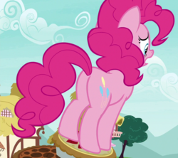 Size: 809x720 | Tagged: safe, screencap, pinkie pie, earth pony, pony, g4, secrets and pies, balloonbutt, butt, cropped, female, mare, open mouth, plot, solo