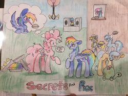 Size: 564x423 | Tagged: safe, artist:haillee, derpy hooves, dj pon-3, lyra heartstrings, pinkie pie, rainbow dash, tank, vinyl scratch, earth pony, hamster, pegasus, pony, unicorn, g4, secrets and pies, bloodshot eyes, crazy eyes, evil pie hater dash, eye beams, female, mare, rainbow blueberry pie, rainbow pie, thought bubble, traditional art, vet