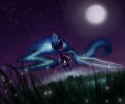 Size: 3000x2500 | Tagged: safe, artist:foughtdragon01, princess luna, alicorn, firefly (insect), pony, angry, ethereal mane, female, frown, full moon, glowing horn, grass, jewelry, looking at you, magic, mare, moon, night, regalia, signature, sky, solo, standing, stars, sword, telekinesis, weapon