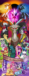 Size: 1736x4420 | Tagged: safe, artist:dankflank, apple bloom, applejack, bon bon, daybreaker, derpy hooves, discord, fluttershy, gummy, king sombra, lord tirek, lyra heartstrings, nightmare moon, pinkie pie, princess cadance, princess flurry heart, queen chrysalis, rainbow dash, rarity, scootaloo, shining armor, spike, starlight glimmer, sweetie belle, sweetie drops, trixie, twilight sparkle, alicorn, centaur, changeling, changeling queen, draconequus, dragon, earth pony, pegasus, pony, unicorn, banner, cake, cape, clothes, colored hooves, crying, drool, element of magic, ethereal mane, every villain, fangs, female, filly, flag pole, food, frog (hoof), glowing horn, grin, gritted teeth, happy birthday mlp:fim, hat, lying, lyre, magic, male, mare, mlp fim's seventh anniversary, prone, quadrupedal, rearing, sitting, smiling, snot bubble, sombra eyes, stallion, stars, sunglasses, tears of joy, trixie's cape, trixie's hat, underhoof, wall of tags