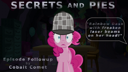 Size: 1000x563 | Tagged: safe, pinkie pie, earth pony, pony, equestria daily, g4, my little pony: friendship is magic, secrets and pies, episode followup, female, implied evil pie hater dash, investigator, mare, solo, speech bubble