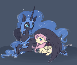 Size: 700x594 | Tagged: safe, artist:kiyoon, fluttershy, nightmare moon, alicorn, pegasus, pony, g4, blushing, crack shipping, female, fluttermoon, horseshoes, hug, lesbian, mare, nicemare moon, prone, shipping, winghug