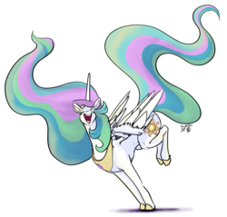 Size: 2314x2212 | Tagged: dead source, safe, artist:greyscaleart, princess celestia, alicorn, pony, g4, eyes closed, female, happy, high res, mare, open mouth, sillestia, silly, simple background, solo, white background