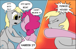 Size: 994x647 | Tagged: safe, artist:lowkey, derpy hooves, pinkie pie, g4, /mlp/, 4chan, abuse, colored, context is for the weak, derpybuse, drawthread, duo, funny, habeeb it, meme, pinkie prick, punch, simple background, twinkie house, wat