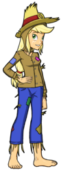 Size: 1224x3424 | Tagged: safe, artist:artemis-polara, applejack, equestria girls, g4, barefoot, clothes, costume, crossover, feet, female, freckles, hand on hip, pants, scarecrow, simple background, smiling, solo, the wizard of oz, transparent background
