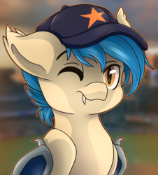 Size: 1600x1770 | Tagged: safe, artist:emberslament, artist:php40, oc, oc only, oc:moonshot, bat pony, baseball cap, baseball field, bat pony oc, bust, cap, hat, one eye closed, solo, wink