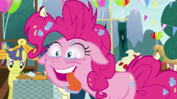 Size: 800x450 | Tagged: safe, screencap, bon bon, comet tail, pinkie pie, sweetie drops, earth pony, pony, unicorn, g4, secrets and pies, animated, bloodshot eyes, crazy face, drool, eyeball licking, faic, female, floppy ears, gif, male, mare, nightmare fuel, stallion