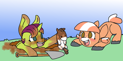 Size: 1395x691 | Tagged: safe, artist:nootaz, oc, oc only, oc:apparently shovel, oc:horse plush, oc:pony, earth pony, pony, unicorn, cute, dirt, dirty, doll, eyes on the prize, face down ass up, female, filly, happy, hole, hoof hold, ocbetes, plushie, smiling, toy