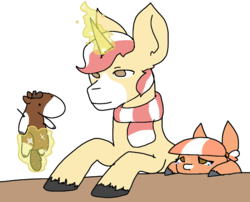 Size: 984x794 | Tagged: safe, artist:nootaz, oc, oc only, oc:horse plush, oc:pony, oc:sewing neighs, glowing horn, horn, magic, plushie, simple background, telekinesis, transparent background, unshorn fetlocks