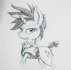 Size: 700x693 | Tagged: safe, artist:darkhestur, rarity, pony, unicorn, g4, alternate hairstyle, female, looking at you, monochrome, punk, raripunk, solo, traditional art