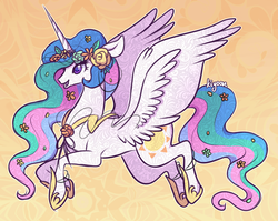 Size: 880x700 | Tagged: safe, artist:kiyoon, princess celestia, alicorn, pony, g4, female, floral head wreath, flower, flying, mare, simple background, smiling, solo