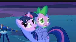 Size: 1280x720 | Tagged: safe, screencap, spike, twilight sparkle, dragon, pony, unicorn, g4, owl's well that ends well, bags under eyes, duo, female, hill, looking away, looking up, male, mare, night, open mouth, outdoors, sitting on pony, smiling, standing, stargazing, surprised, telescope, thousand yard stare, unicorn twilight