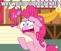 Size: 799x678 | Tagged: safe, pinkie pie, g4, secrets and pies, female, floppy ears, image macro, meme, solo, why would you post that