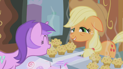Size: 1280x720 | Tagged: safe, screencap, amethyst star, applejack, sparkler, earth pony, pony, unicorn, applebuck season, g4, applejack's hat, bags under eyes, baked bads, cowboy hat, cute, eyes closed, female, floppy ears, food, happy, hat, hate, mare, mouth hold, muffin, orange, purple, smiling, smirk, standing, stetson, this will end in pain, this will end in sickness, tired