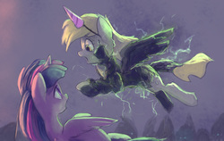Size: 1305x826 | Tagged: safe, artist:grissaecrim, derpy hooves, twilight sparkle, alicorn, pegasus, pony, g4, my little pony: the movie, crying, derpy's sacrifice, duo, epic derpy, feels, female, flying, hat, heroic sacrifice, mare, never forget, open mouth, party hat, petrification, sacrifice, sad, scene interpretation, self sacrifice, twilight sparkle (alicorn)