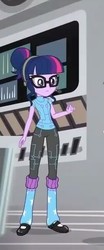 Size: 249x596 | Tagged: safe, screencap, sci-twi, twilight sparkle, eqg summertime shorts, equestria girls, g4, good vibes, clothes, cosplay, costume, cropped, female, futuristic, glasses, leg warmers, mary janes, pants, science fiction, shoes, solo