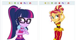 Size: 842x448 | Tagged: safe, sci-twi, sunset shimmer, twilight sparkle, derpibooru, equestria girls, equestria girls specials, g4, my little pony equestria girls: dance magic, clothes, dress, flower, flower in hair, glasses, implied lesbian, implied scitwishimmer, implied shipping, implied sunsetsparkle, juxtaposition, meta, smiling