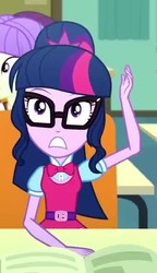Size: 342x593 | Tagged: safe, screencap, sci-twi, starlight, twilight sparkle, equestria girls, g4, my little pony equestria girls: summertime shorts, subs rock, background human, cropped, female, glasses, offscreen character
