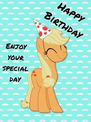Size: 720x960 | Tagged: safe, applejack, earth pony, pony, g4, cute, eyes closed, female, happy birthday, hat, jackabetes, mare, party hat, smiling, solo, standing